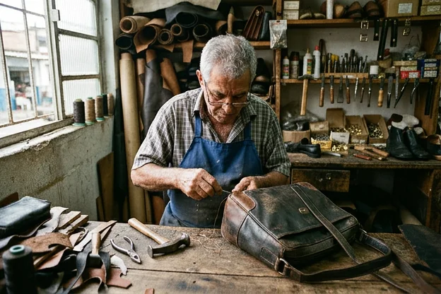 Sapateiro trabalhando na reforma de uma bolsa de couro, com ferramentas e materiais ao redor.
