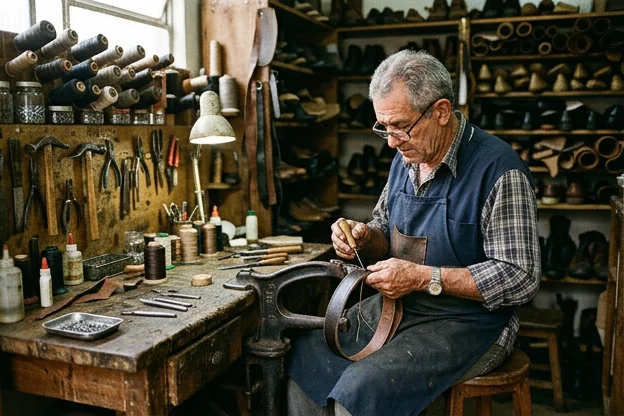 Sapateiro ajustando um cinto de couro com materiais de trabalho e ferramentas.