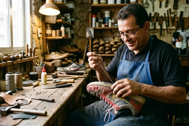 Sapateiro realizando reparos em um tênis, destacando ferramentas de conserto.