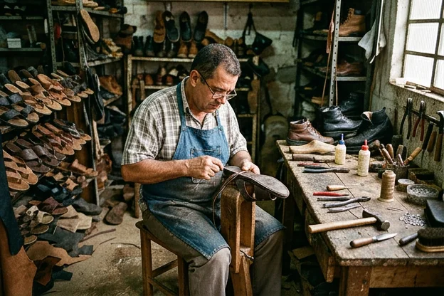 Sapateiro ajustando e reparando uma sandália com materiais de trabalho ao redor.