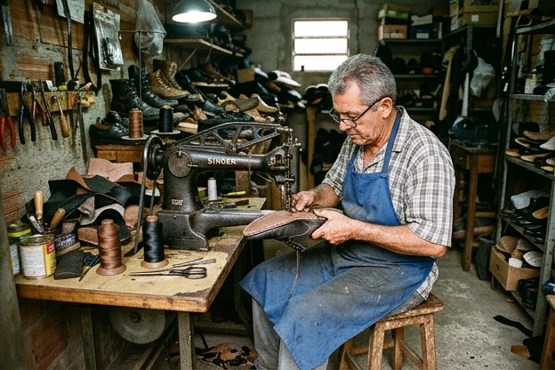 Sapateiro operando uma máquina de costura para reparar um calçado danificado.