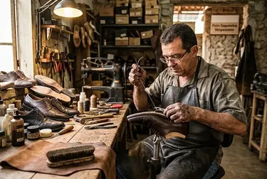 Sapateiro trabalhando em um sapato social, polindo e ajustando o calçado.