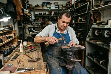 Sapateiro trocando o salto de um sapato com ferramentas e materiais próximos.