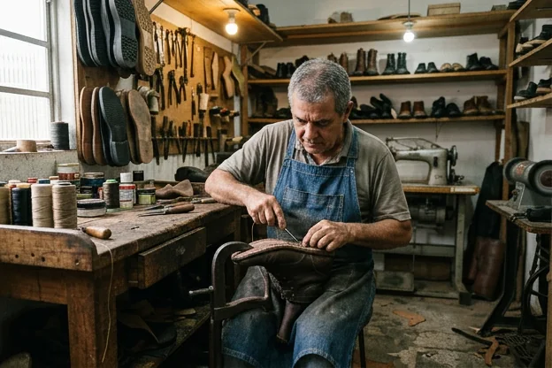Sapateiro trabalhando com ferramentas em Vespasiano, MG.